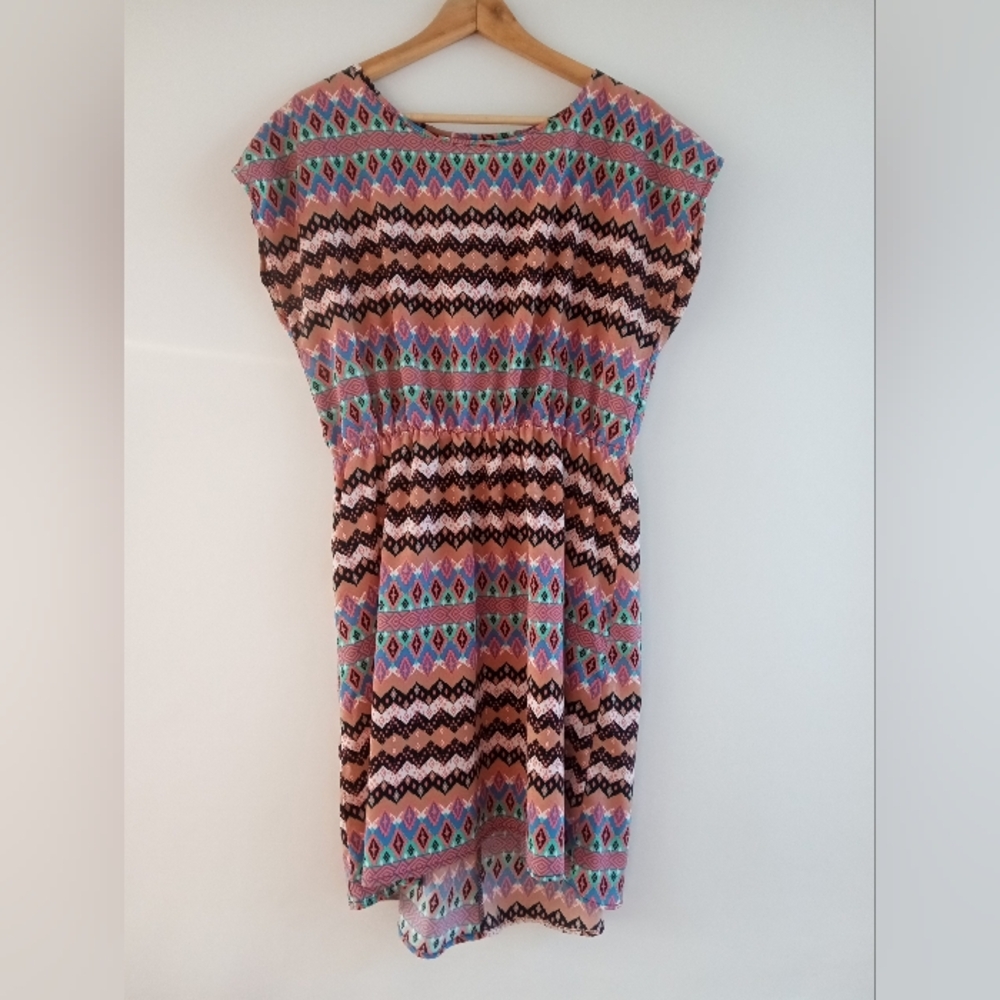 Just Be Multicolor Aztec Geometric Cap Sleeve Dress - Size Large